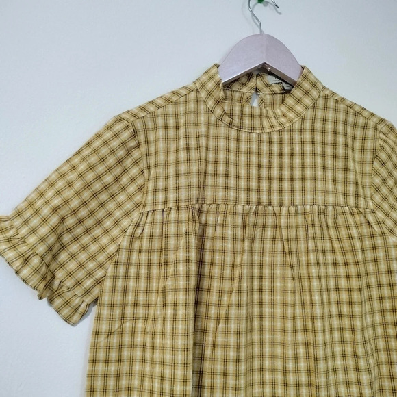Polagram Sz Medium Yellow Plaid Top High Collar Short Sleeves Keyhole Back NWOT - Picture 2 of 7